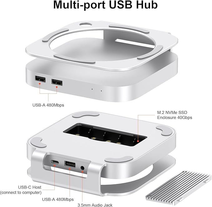 Qwiizlab 40Gbps Mac mini M4/M4 Pro Stand Hub with USB4 NVMe SSD Enclosure USB-C Host 3 USB-A 2.0 3.5mm Audio Supports M.2 PCIe up to 8TB Compatible with Thunderbolt 4/5