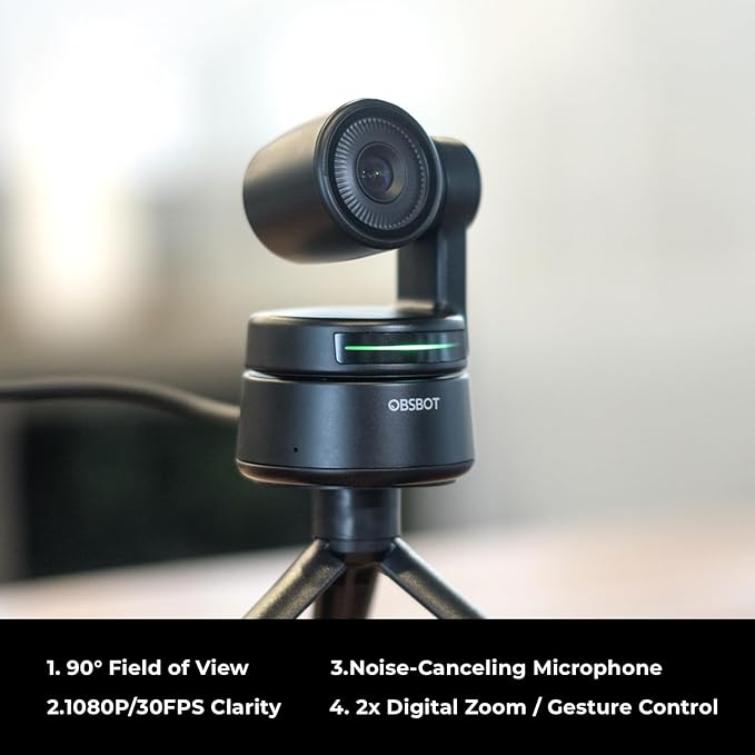 OBSBOT Tiny 1080P PTZ Webcam with AI Tracking Auto Framing Noise Reduction and Gesture Control