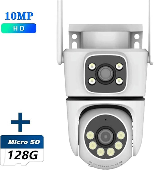 10MP Dual-Lens 5G WiFi Camera PTZ Outdoor 4K HD Dual Screen Home Security-Protection Camera Color Night Vision Surveillance(UK Plug10MP with 128G Card)