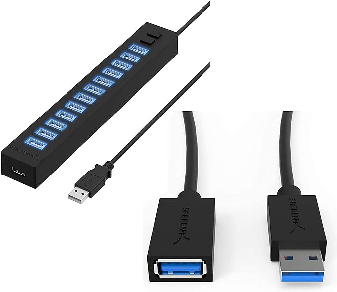 Sabrent 13 Port High Speed USB 2.0 Hub + 22AWG 3 Feet USB 3.0 Extension Cable