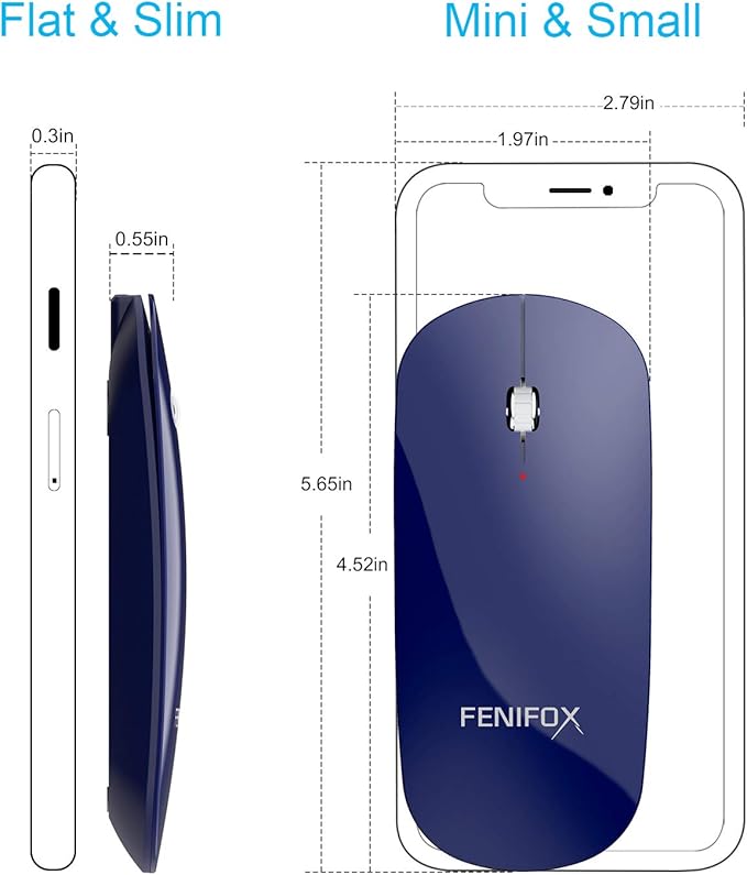 FENIFOX Bluetooth Mouse Slim Whisper-Quiet Mini Flat Portable Mobile Mice Rechargeable Compatible with LaptopPCAndroid Windows Tablet (Deep Blue)