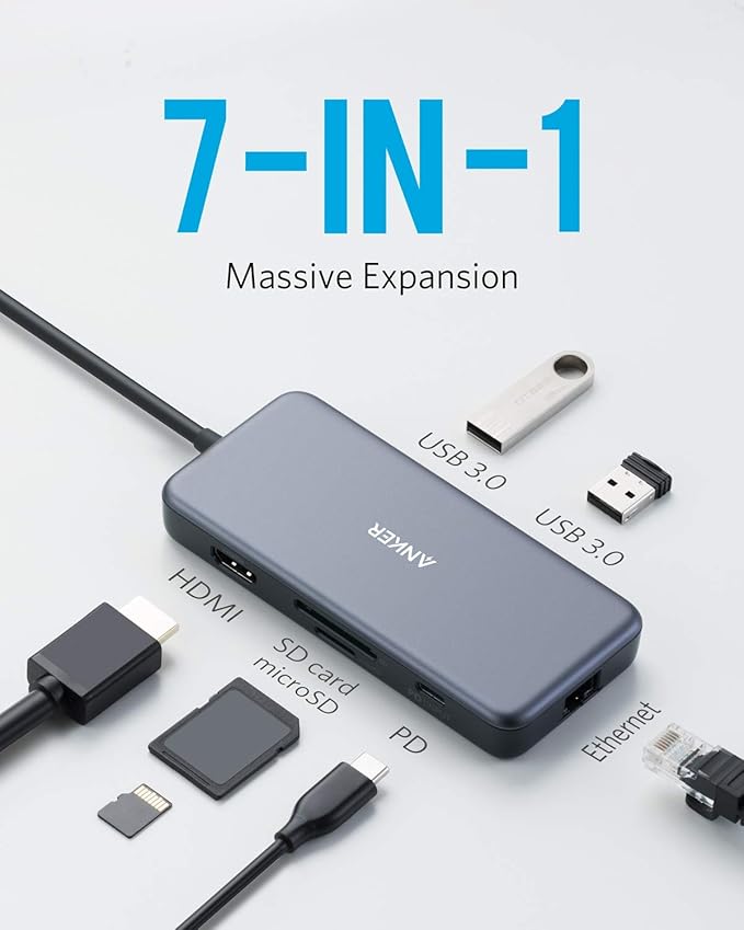 Anker USB C Hub 7-in-1 USB C Adapter with 4K HDMI 60W Power Delivery 1Gbps Ethernet 2 3.0 Ports SD and microSD Card Readers for MacBook Pro and Other Laptops
