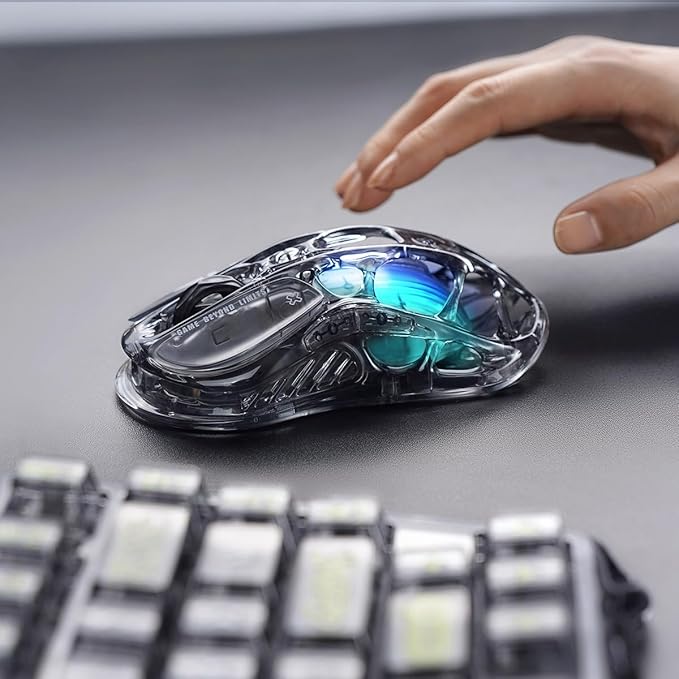 GravaStar Mercury M2 Wireless Gaming Mouse with 26000 DPI PAW3395DM Sensor -79g Lightweight Hollowed-Out Design -5 Programmable Buttons -5 Dynamic Lightsync RGB - Transparent Black