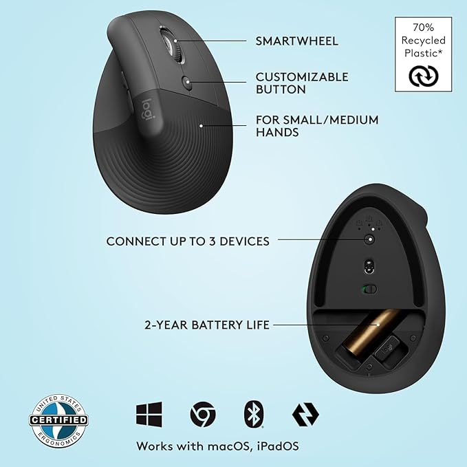 Logitech Lift Vertical Ergonomic Mouse Wireless Bluetooth or USB Receiver Quiet Clicks 4 Buttons Right Hand Wireless Mouse Windows/macOS/iPadOS Laptop PC - Graphite (Renewed)