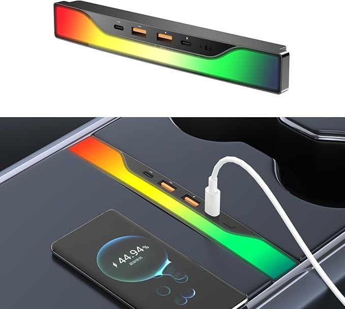 for Tesla RGB Light USB Hub with Model 3 Model Y 2021 2022 2023 2024 Car USB Charger Multi Port Interior Accessories Fit for Tesla Center Console Docking Station (Colorful)