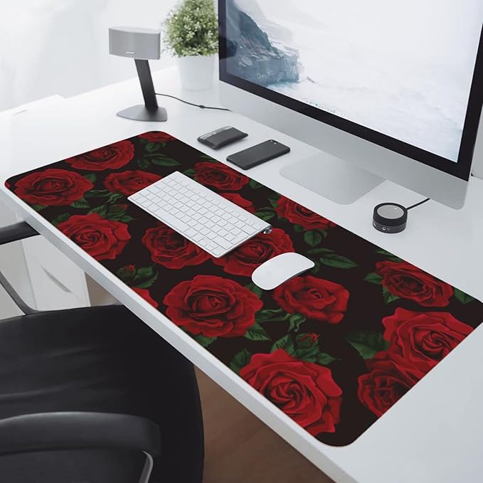 Rose Red Flower Large Mouse Pad Gaming Mousepad with Wrist Support Rubber Computer Keyboard Mat for Desk Laptop Non-Slip Full Deskmat Protector Waterproof Writing Pad Office Home 16x35.5 in