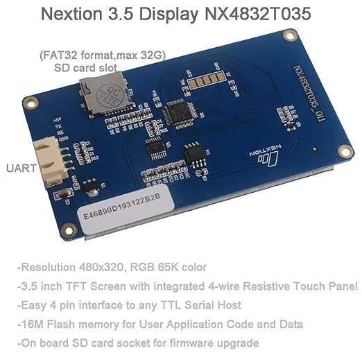 Nextion 3.5 inch HMI Display Resistive Touch Screen 5V TFT LCD 480x320 for Arduino ESP32 Board (NX4832T035)