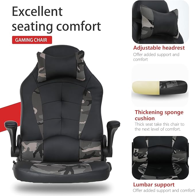 PC Gaming Chair Home Office Computer Chairs Rcline Racing Game Chair with Adjustable Headrest and Armrest High Bakc Desk Chairs Swivel Task Rolling Chair Camo