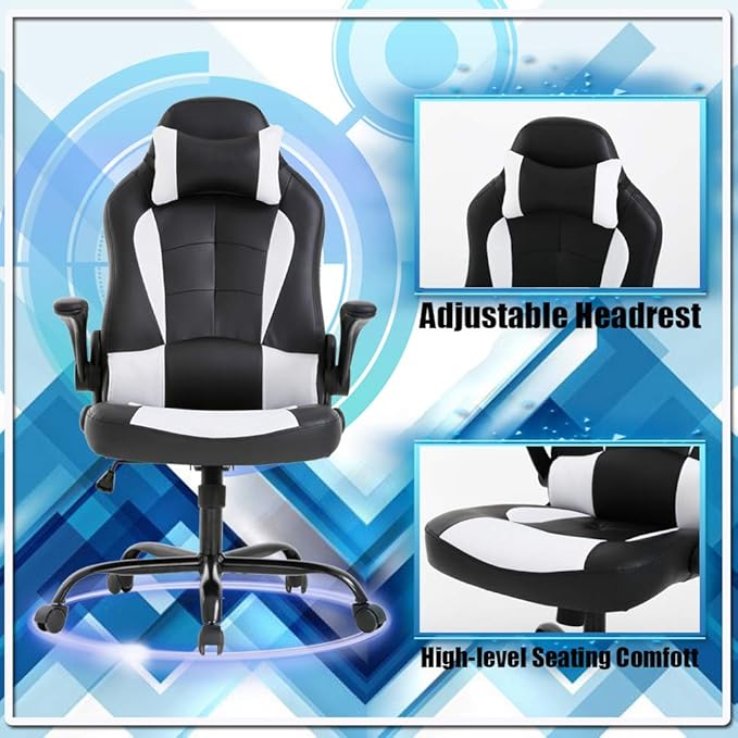 PC Gaming Chair Ergonomic Racing Heavy Duty Office Chair Video Game Chair Massage Function Lumbar Support with Flip Up Arms &amp Headrest Nice Chic Desk Chair Adjustable Best Home Office Chair - Wh