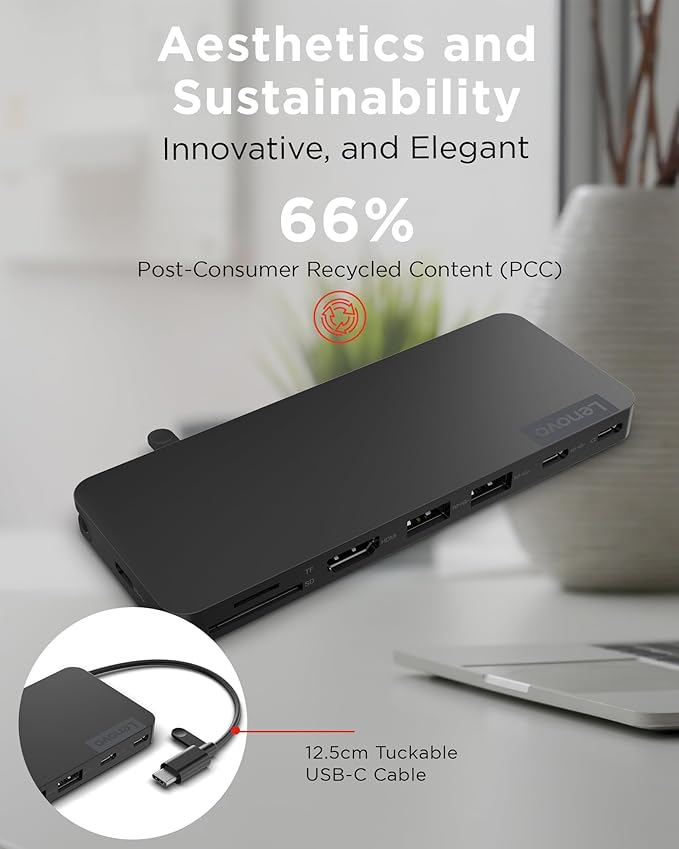 Lenovo USB-C Slim Travel Dock 8 Ports Up to 65W PD Pass Through Integrated USB-C Cable 4K Display Support Black