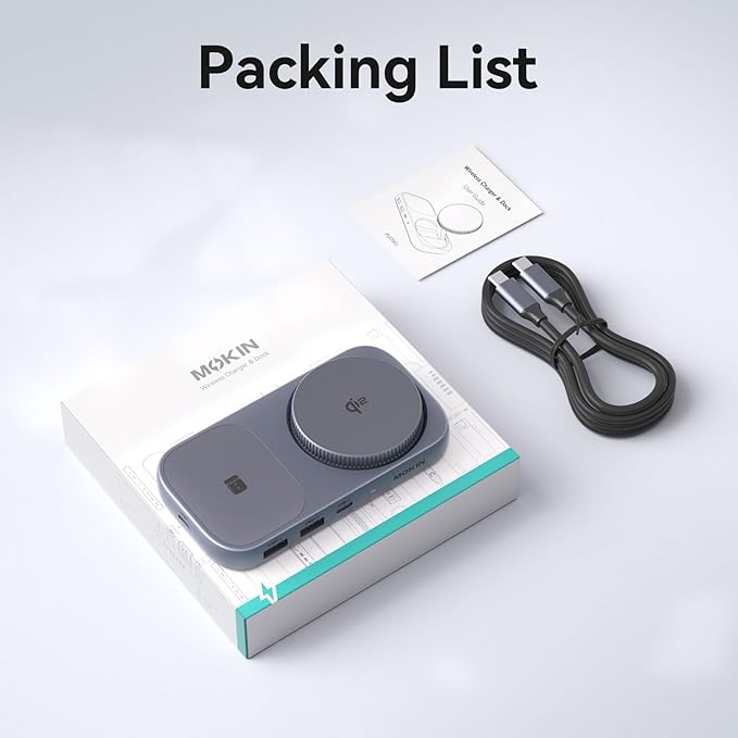 MOKiN USB C Hub with 15W Qi2 Wireless Charger Laptop Docking Station to 4K HDMI 100W PD 10Gbps Ports 15W+5W Wireless Charging Stand for iPhone 16/15/14/13 &amp Airpods USBC Dock for MacBook/Wind