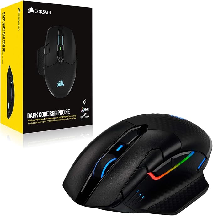 Corsair Dark CORE RGB PRO SE Wireless FPS/MOBA Gaming Mouse with Qi Charging – 18000 DPI – 8 Programmable Buttons – Sub-1ms Wireless – iCUE Compatible – PC Mac PS5 PS4 Xbox – Black
