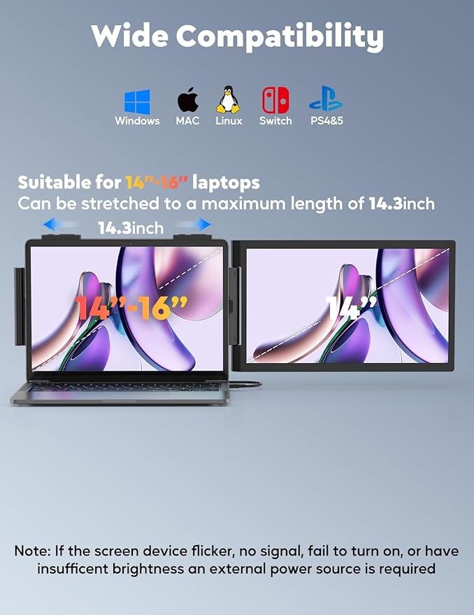 Laptop Screen Extender14 FHD 1080P IPS Dual ScreenAttachment Screen Extended Extra Screen Portable Monitor for Laptops 14-16 with USB-C/HDMI Port Plug n Play for Windows/Mac/Android/Switch/PS5