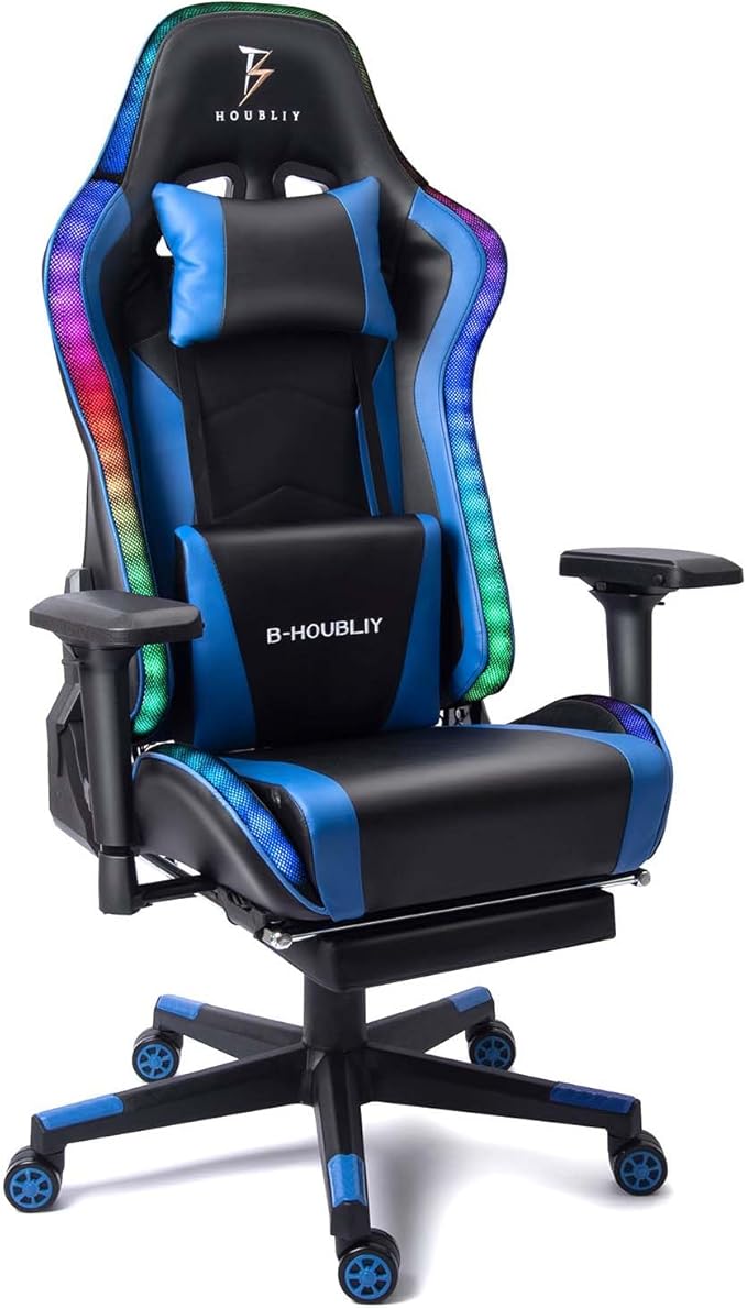 TBQATNTS with Footrest Video Game Chair High BackGaming Chair with Led LightsGaming Chair with SpeakersAdjustable Armrest Heightwith Adjustable Lumbar Supportfor Office Or GamingBlue