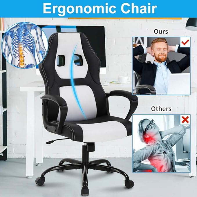 PC Gaming Chair Office Chair Ergonomic Desk Chair Racing Chair with Lumbar Support &amp Armrest PU Leather High Back Computer Chair Adjustable Height Swivel Executive Chairfor Adults HomeWhite
