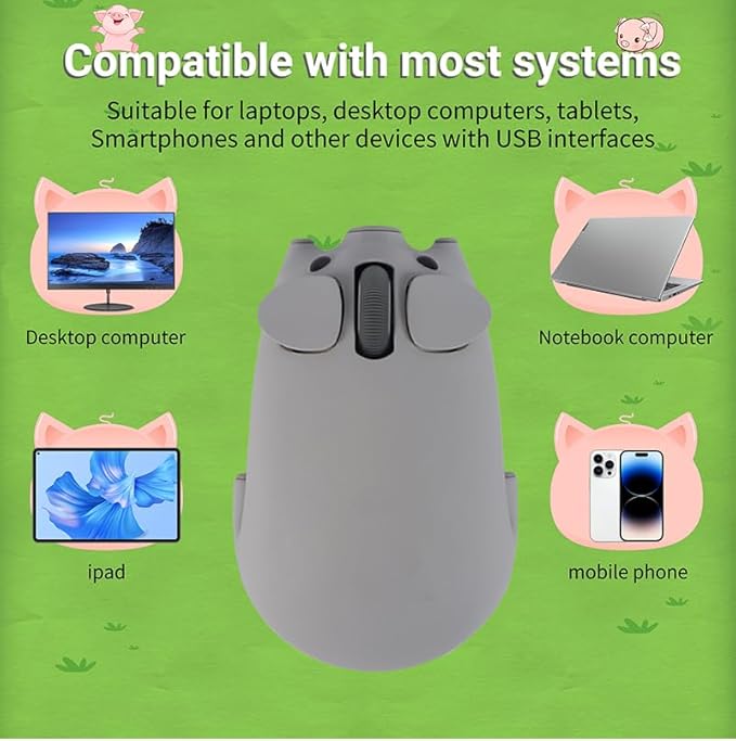 elec Space Cute Pig Design Wireless Mouse Dual Mode Bluetooth &amp USB Mouse Silent Operation Ergonomic Perfect for Laptops &amp PCs Ideal Gift for Animal Lovers and Family(Gray)