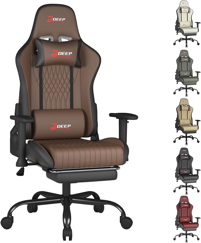 Video Game Chair with Footrest Ergonomic Comfortable Gaming Office Chair Height-Adjustable with a 360° Swivel Base and Headrest(1002-Brown)
