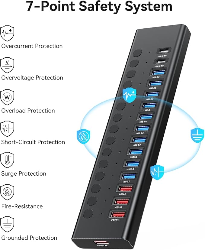 Powered USB Hub AGEEN 16-Port USB 3.0 Hub (10 USB-A 3.0+2 QC 24W Fast Charging+2 Smart Charging+2 USB-C 3.0 Ports) 12V/8A 96W UL Certified Power Adapter for PC Laptop HDD Flash Drive (16-Port)
