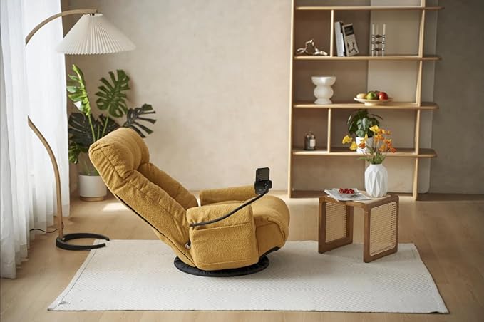 360 Degree Swivel Floor Chair with Adjustable Headrest &amp Backrest Folding Floor Gaming Chair with Phone Holder &amp Built-in Spring Seat Bag for Home Office 5 Adjustable Position Yellow