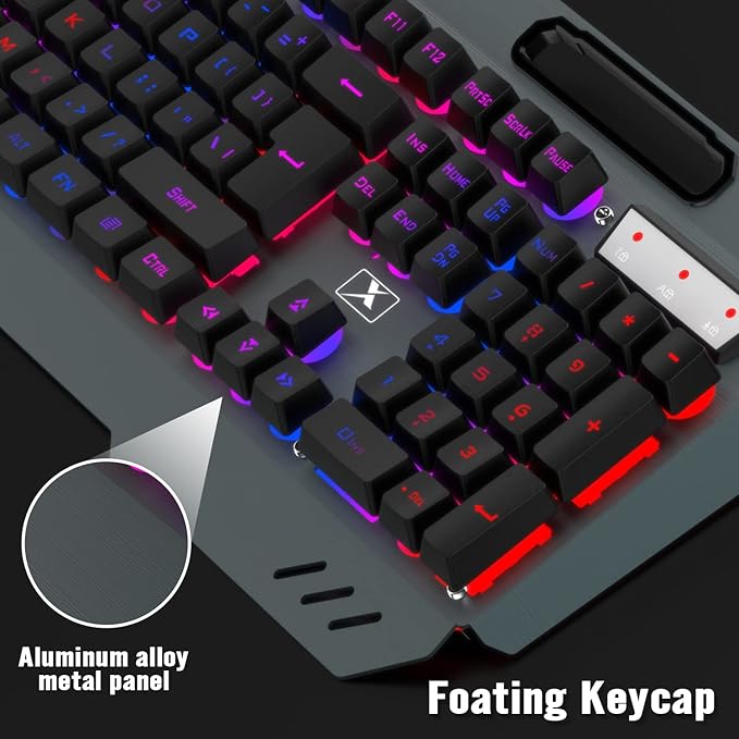 Wireless Gaming Keyboard and Mouse ComboRainbow LED Backlit Keyboard with Rechargeable 3800mAh Battery Metal PanelRemovable Wrist Rest Mechanical Feel and 7 Color Mute Gaming Mice for PC PS4 PS5
