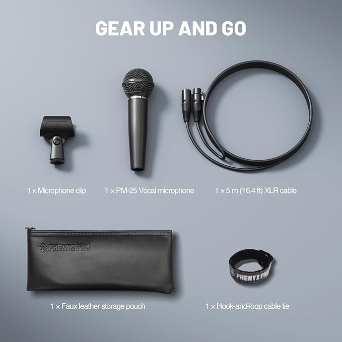 Phenyx Pro Dynamic Vocal Microphone Cardioid Microphone with 16.4 ft XLR Cable Mic Clip Storage Bag Wired Handheld Mic for Singing Stage Studio Karaoke (PM-25)