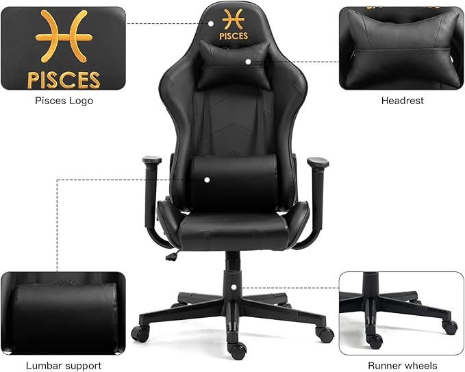 Modern-Depo Black Pisces Zodiac Gaming Chair with Ergonomic Design Adjustable Swivel Recliner 330 lbs Load Capacity