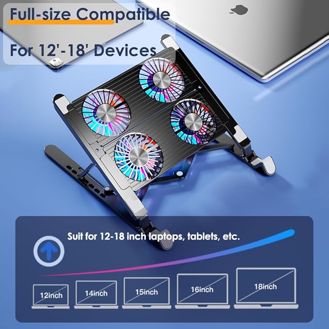Laptop Cooling Pad for 11-17.3 Inch Gaming Laptops Foldable Laptop Stand Riser Holder with 4 Quiet Fans for Notebook Portable Laptop Cooler with 7 Adjustable Height LED Lights