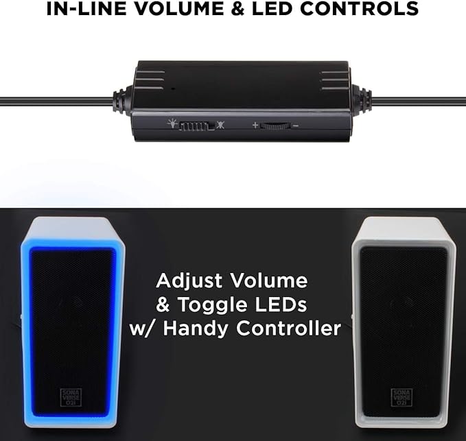GOgroove Gaming Computer Speakers with Blue LED Light - SonaVERSE O2i Speakers for Desktop Laptop PC - USB Speaker 2.0 with AUX Input in-Line Volume Control Bass Stereo Sound 14W (White)