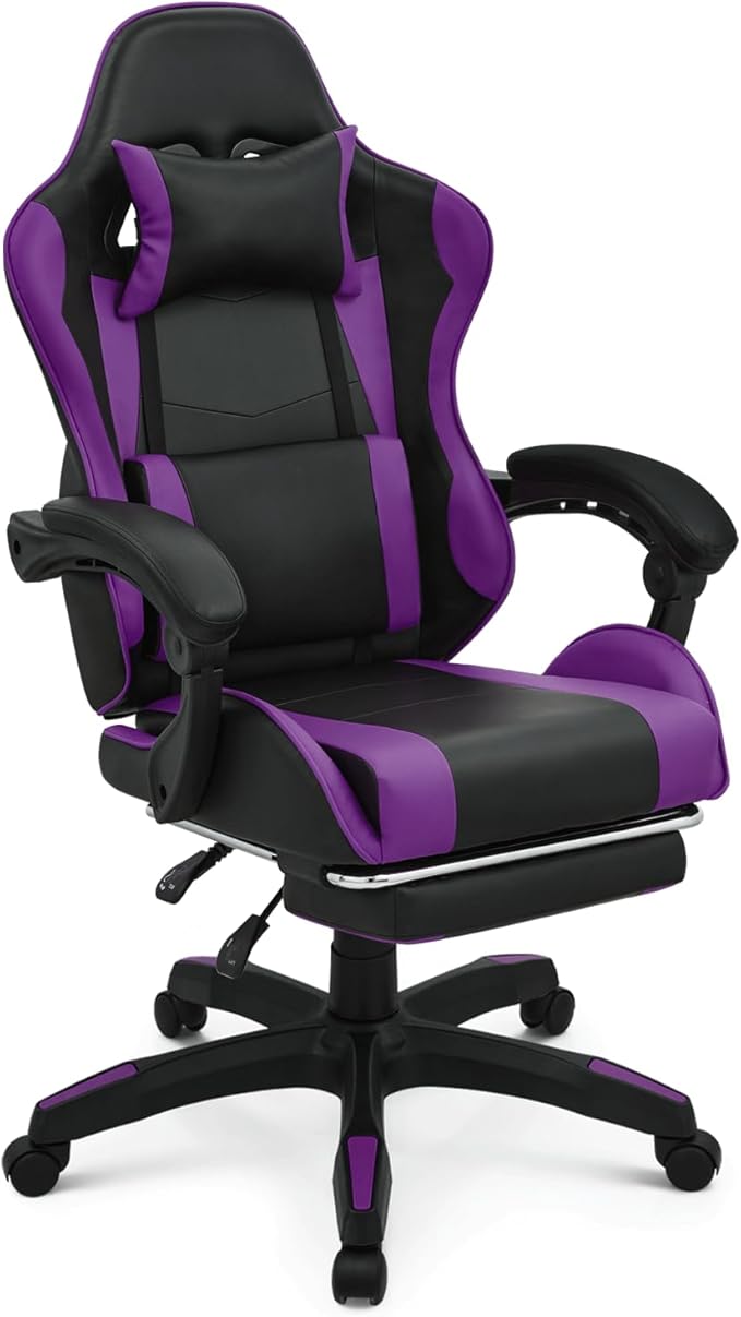 Gaming Chair Ergonomic Computer Chairs with Arms Lumbar Support Footrest Headrest 360°Swivel Chair Adjustable Back and Height Leather PC Chairs for Gaming Study Office Black/Purple