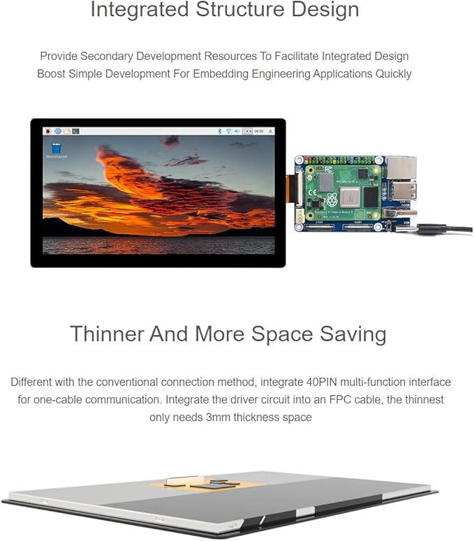 1024 × 600 Resolution 7inch IPS Display Integrated Thin and Light Screen for Raspberry PiJetson NanoWindows PCSupport Windows/Linux/Android System170° Wide Viewing Angle