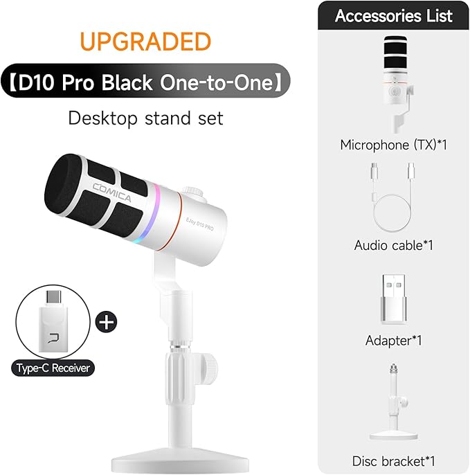 EJoy D10 PRO(D) Wireless USB Gaming Microphone – RGB Dynamic Mic with Wired/Wireless Modes XLR/USB-C Real-Time Monitoring 45H Battery Studio Mic for Gaming Streaming Podcast Recording (White)