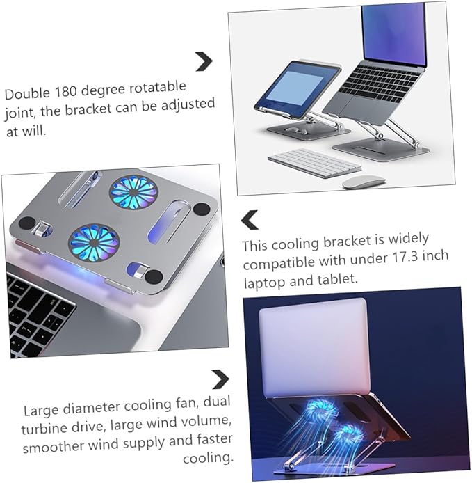 Homoyoyo Adjustable Aluminum Alloy Laptop Cooler Cooling Pad with Dual Fans Foldable Elevated Notebook Cooler for Gaming and Office Use Silver