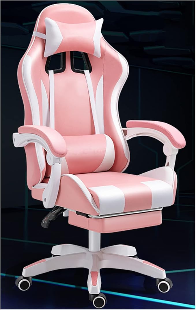 Ergonomic Gaming Chair Comfortable Gaming Chair with Footrest Computer Chair Leather Desk Chair Adjustable Swivel Gaming Office Chair Pink