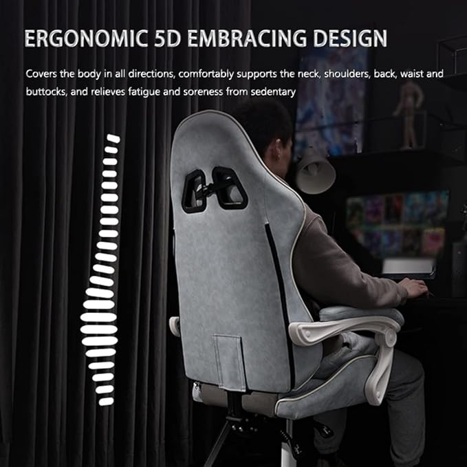 Gaming Chair with Footrest Ergonomic 5D Embracing Gamer Chair Comfortable and Soft Reclining Racing Chair Load Bearing 150kg/330.7lbs (Grey White)