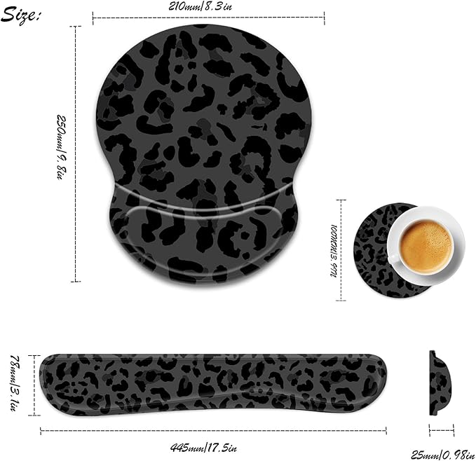 Ergonomic Gel Mouse Wrist Rest Pad and Keyboard Pad SetAnti-Slip PU Bottom Easy Typing and Relieve Wrist Pain with Cute Coaster Set (3-Black Leopard Print)