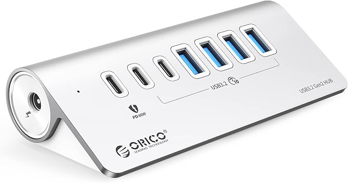 ORICO 7 Port USB Hub 10Gbps Aluminum USB 3.2 Gen 2 Hub 6 USB 3.2 Data Ports PD 60W Ports 1.64Ft C to C Cable USB Data Hub for Laptop