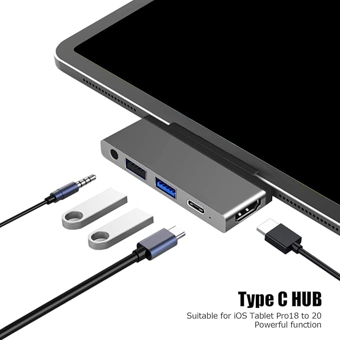 5 in 1 USB3.0 Hub Docking Station with Type C to for iOS Tablet Pro 18 20 Supports 4K 60Hz Display 60W PD Charging 3.5mm Audio