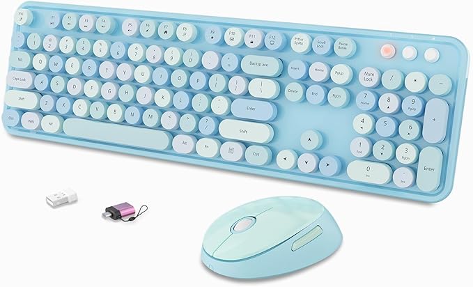 Wireless Keyboard and Mouse Combo Ergonomic Full Size Typewriter Retro Round Keycaps Keyboard Compatible with Windows PC Perfer for Home and Office Keyboards (Blue