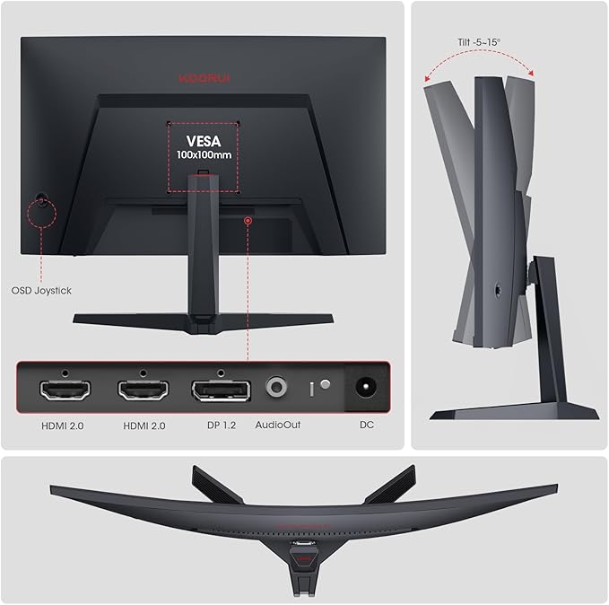 KOORUI 27 Inch Curved Gaming Monitor Full HD 1080p 1500R 180Hz Computer Monitor 99% sRGB Adaptive Sync Display Port 1.2x1 &amp HDMI 2.0x2 Eye Care VESA Compatible Black 27E6CA