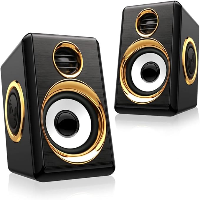 1 Pair USB+AUX Wired Computer Speakers Bass Reinforcement 4 Diaphragm for Laptop Desktop 8W High Power Loudspeaker (Color : Gold) (Gold)