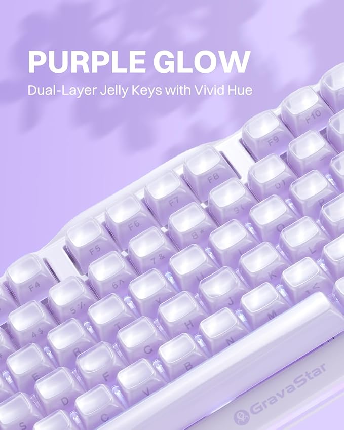 GravaStar Mercury K1 Purple 75% Wireless Mechanical Keyboard – Tri-Mode BT5.0/2.4GHz/USB-C Gaming Keyboard Jelly Keycaps Linear Switches RGB Backlit Creamy Keyboard for PC/Mac Cute &amp Stylish