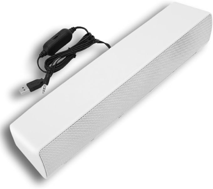 V-196 Computer Sound Bar White USB Powered 3.5mm Input 2.0 Channel Stereo Soundbar with Volume Knob and Blue LED Breathing Light