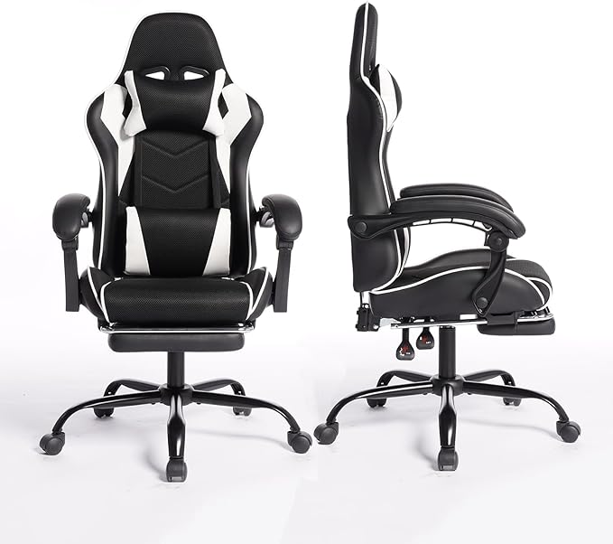Black White Gaming Chair with Footrest Ergonomic Computer Office Chair with High Back Video Game Chair with Massage Lumbar Support for Adults