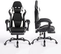 Black White Gaming Chair with Footrest Ergonomic Computer Office Chair with High Back Video Game Chair with Massage Lumbar Support for Adults