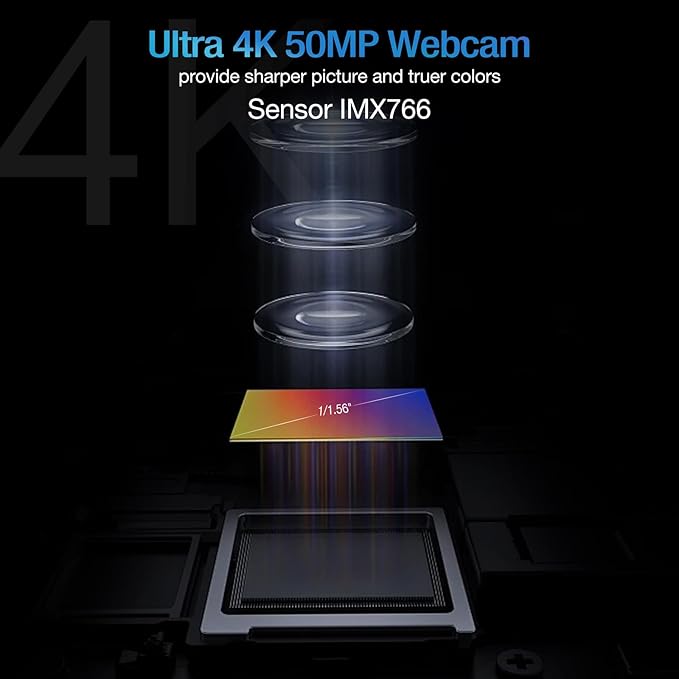 MOKOSE 4K USB WebcamUltra HD 1/1.56 Sensor 50 MP Resolution up to 8160x6120 USB-CAuto Focus and Low Light PerformanceWeb Camera for Streaming Conferencing Calling