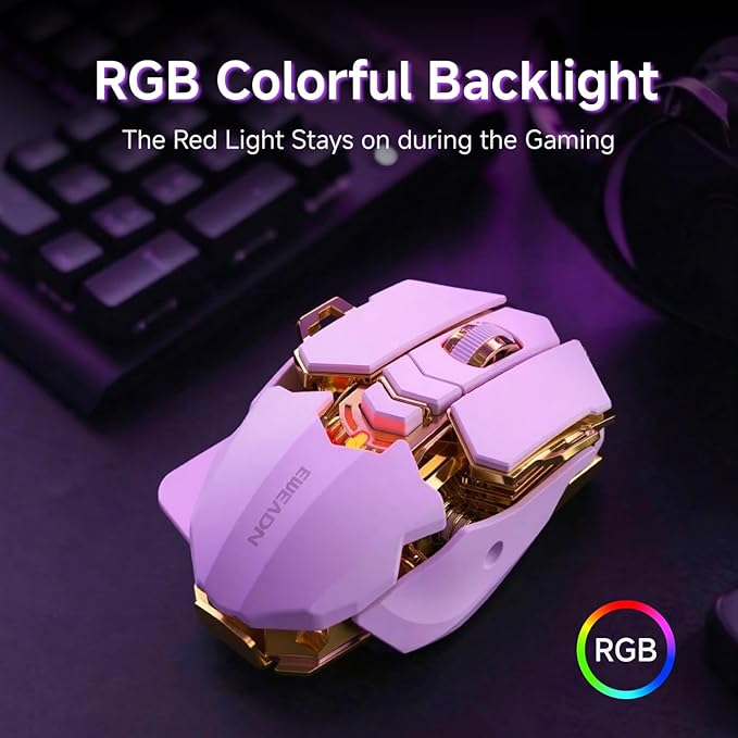 EWEADN G5 Wireless Gaming mouse 12800 Adjustable DPI Ergonomic Mouse with 6 RGB Backlit Modes Rapid Fire Key 9 Programmable Macro Buttons Rechargeable Bluetooth Mouse for PC/Mac/Laptop - White