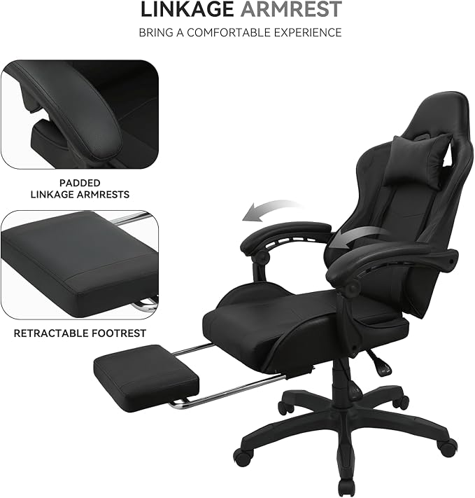 Gaming Chair Ergonomic Computer Chairs with Arms Lumbar Support Footrest Headrest 360°Swivel Chair Adjustable Back and Height Leather PC Chairs for Gaming Study Office Black