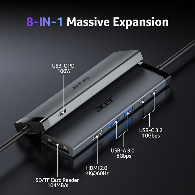 Acer 8 in 1 USB C Hub 10Gbps USBC to HDMI Adapter 4K@60Hz 2×USB-C 3.2 2×USB A 3.0 Data Transfer 100W PD Port Type C Multiport Splitter with SD/TF Card Reader for Laptop PC Desktop iPad Pro