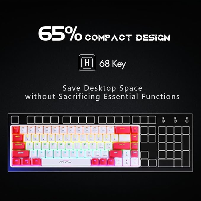 abucow 65% Wired Mechanical Keyboard – 68-Key Compact Layout Full Anti-Ghosting Brown Switch Swappable Red White Keycaps for Windows/Mac
