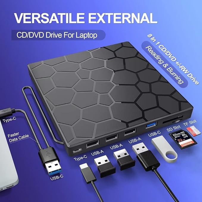 External CD/DVD Drive for Laptop DVD Player for Laptop with Carrying Case 8 in 1 USB 3.0 Ultra-Slim Portable CD Burner External Optical Compatible with Desktop MacWindows 11/10/8/7